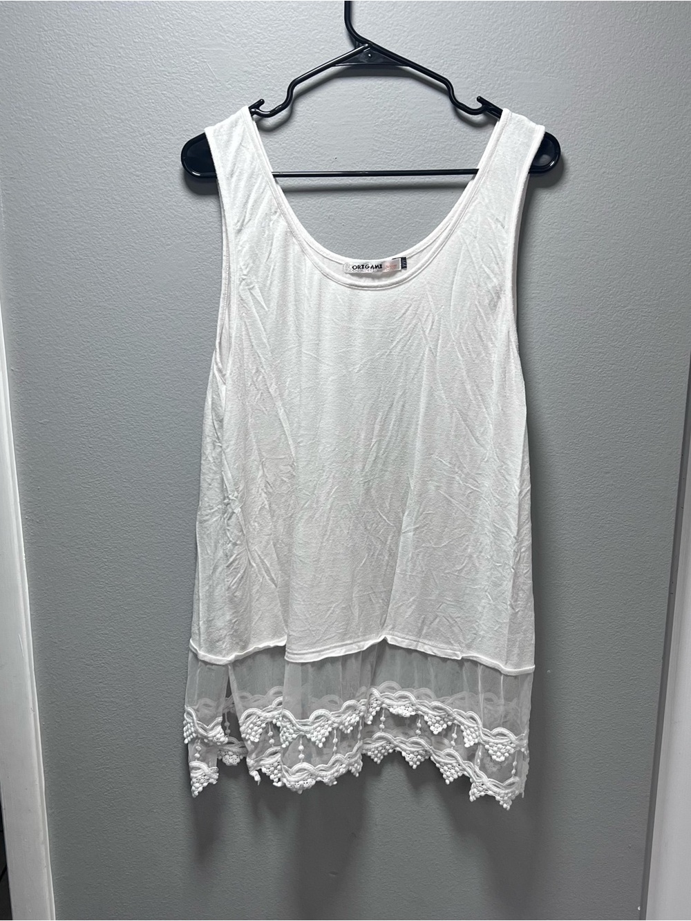 Origami by Vivien White Lace-Trim Scoop Neck Tunic Tank Top XXL